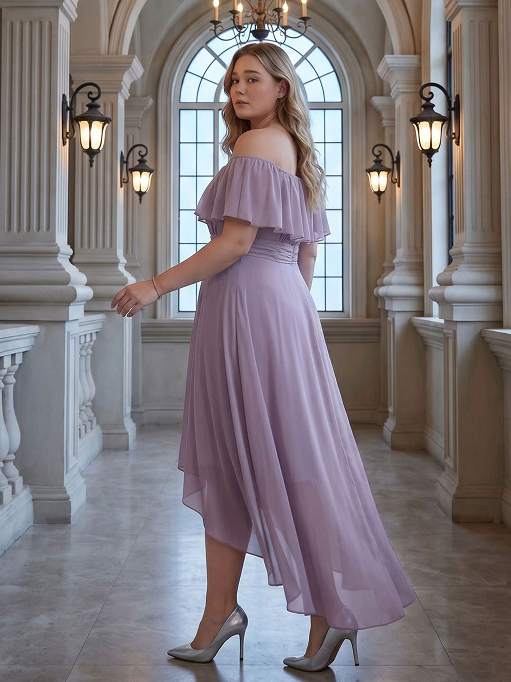 Sweet & Flowy lavender Chiffon A-Line Off-the-Shoulder Backless Asymmetrical Plus Size Bridesmaid Dress - Curvevia