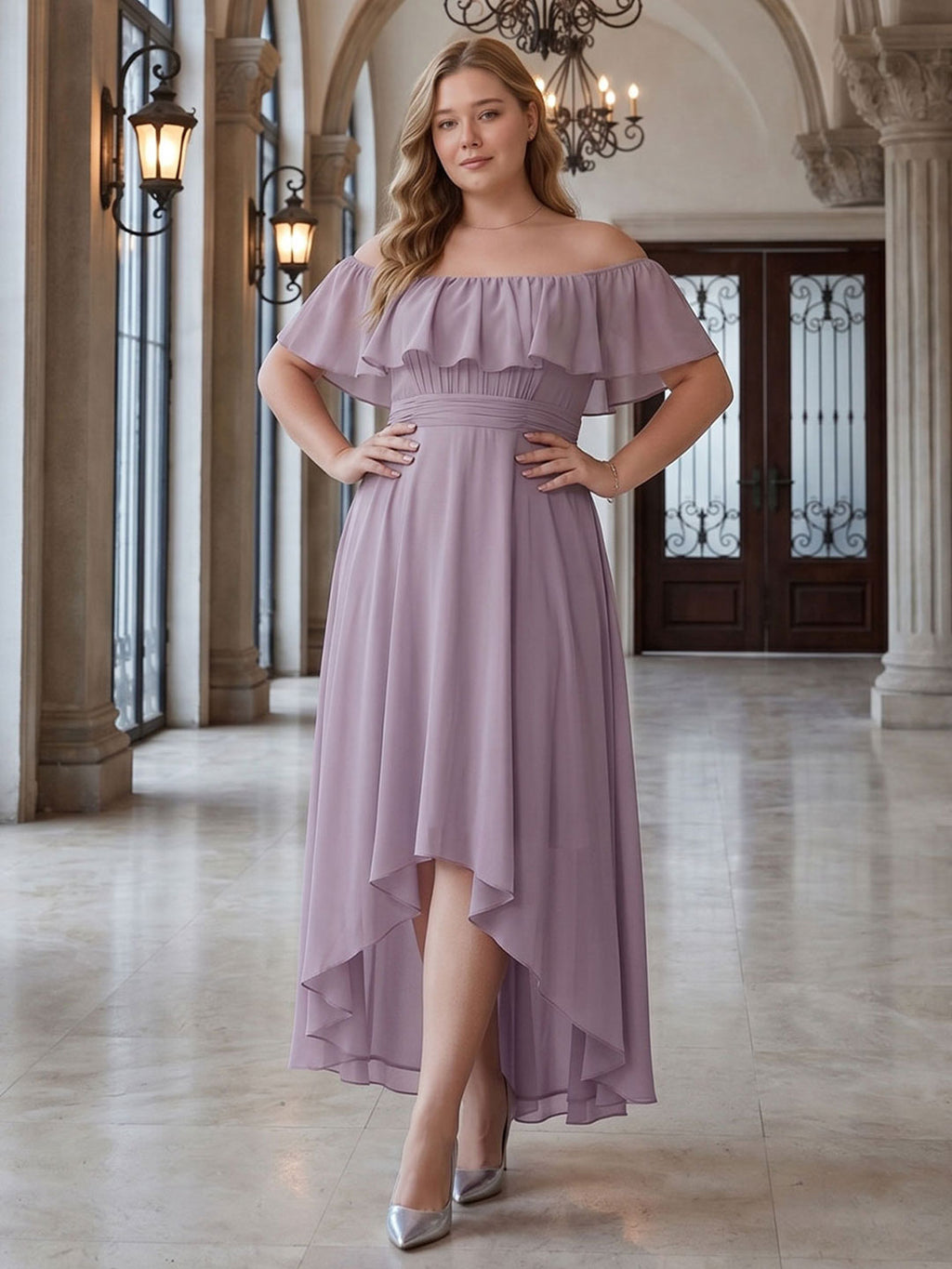Sweet & Flowy lavender Chiffon A-Line Off-the-Shoulder Backless Asymmetrical Plus Size Bridesmaid Dress - Curvevia