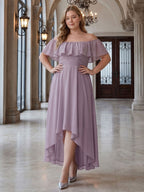 Sweet & Flowy lavender Chiffon A-Line Off-the-Shoulder Backless Asymmetrical Plus Size Bridesmaid Dress - Curvevia