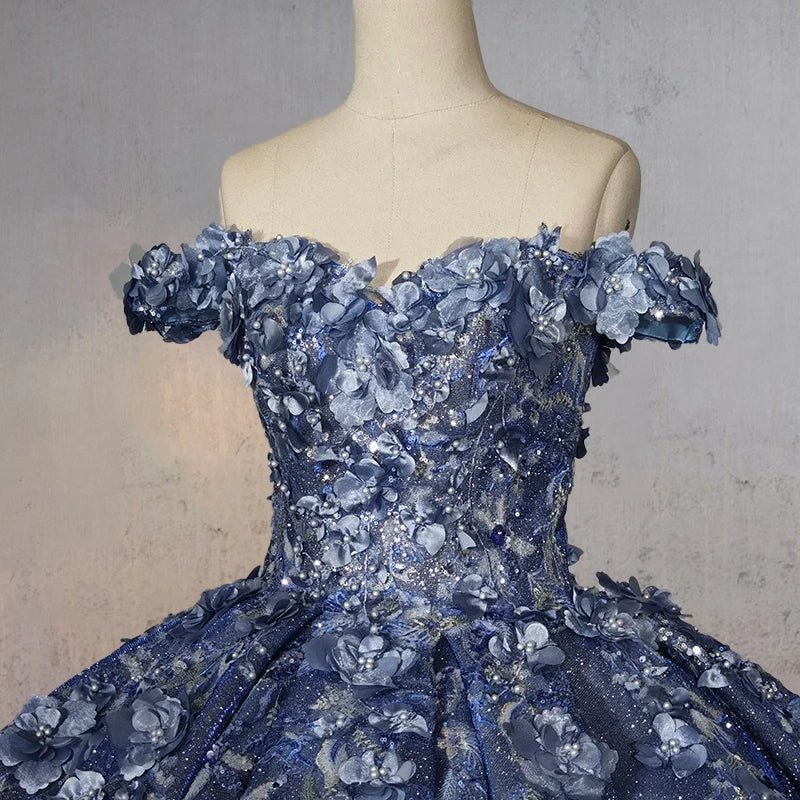 Sweetheart A Line Off-the-shoulder Quinceanera Dresses with 3D Flower and Pearls - Curvevia