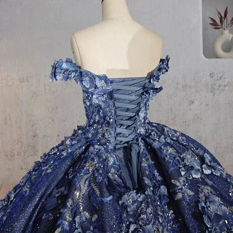 Sweetheart A Line Off-the-shoulder Quinceanera Dresses with 3D Flower and Pearls - Curvevia
