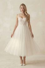 A-Line Sweetheart Sleeveless Tulle Tea-Length Wedding Dresses With Pleated - Curvevia