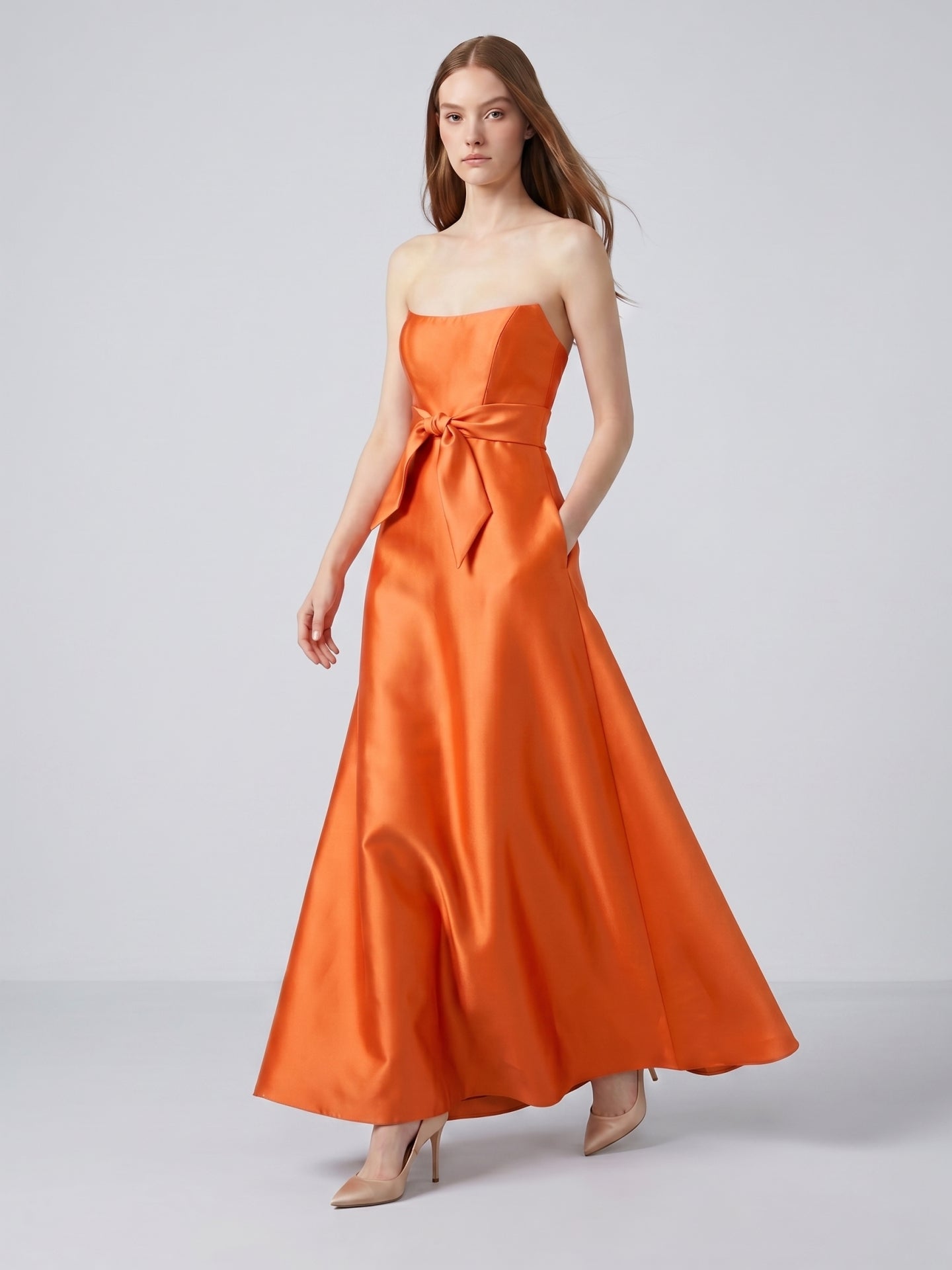 Tailored Orange Satin A-Line Straight Neck Backless Floor-Length Bridesmaid Dress with Bow - Curvevia