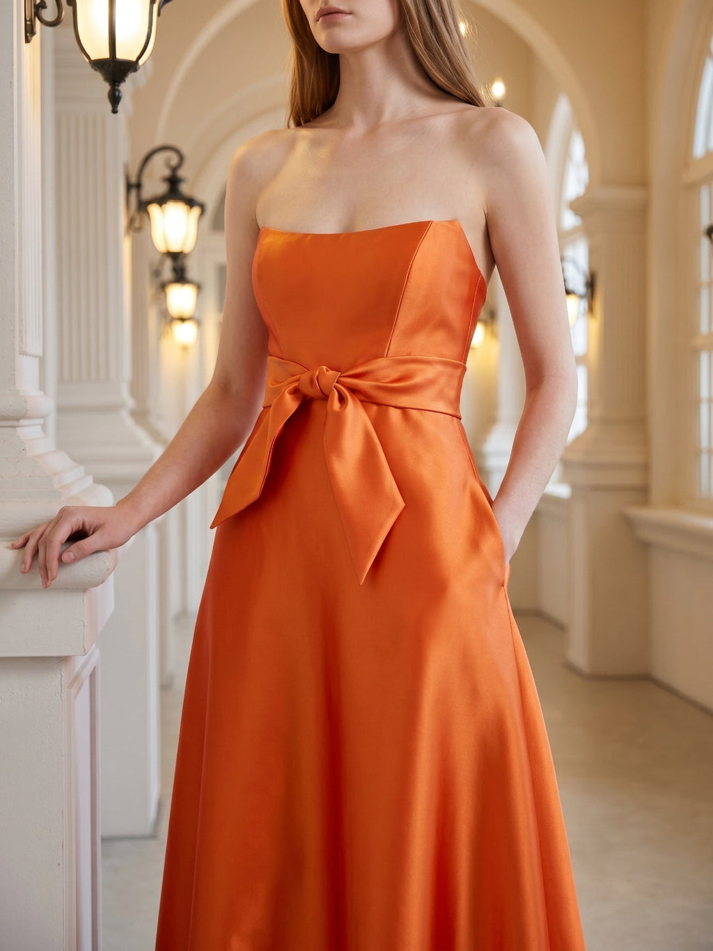 Tailored Orange Satin A-Line Straight Neck Backless Floor-Length Bridesmaid Dress with Bow - Curvevia