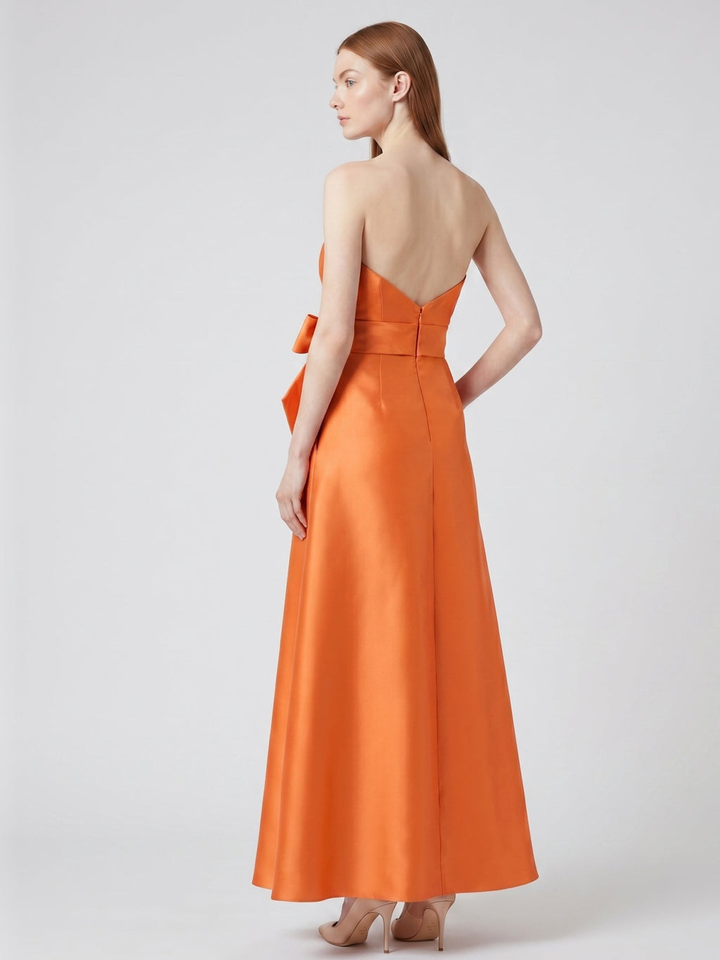 Tailored Orange Satin A-Line Straight Neck Backless Floor-Length Bridesmaid Dress with Bow - Curvevia