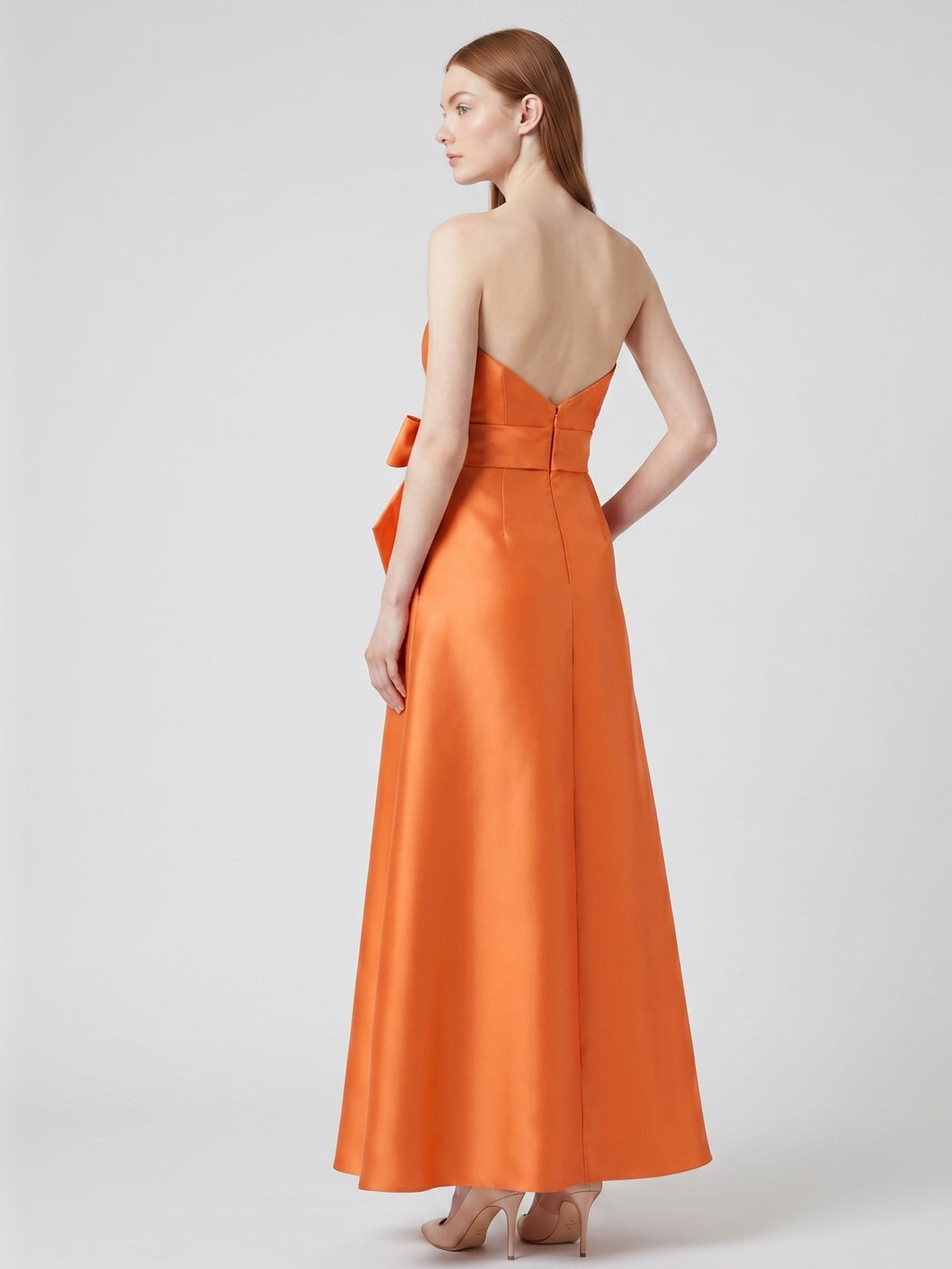 Tailored Orange Satin A-Line Straight Neck Backless Floor-Length Bridesmaid Dress with Bow - Curvevia