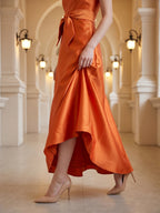 Tailored Orange Satin A-Line Straight Neck Backless Floor-Length Bridesmaid Dress with Bow - Curvevia