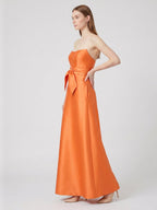 Tailored Orange Satin A-Line Straight Neck Backless Floor-Length Bridesmaid Dress with Bow - Curvevia