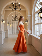 Tailored Orange Satin A-Line Straight Neck Backless Floor-Length Bridesmaid Dress with Bow - Curvevia