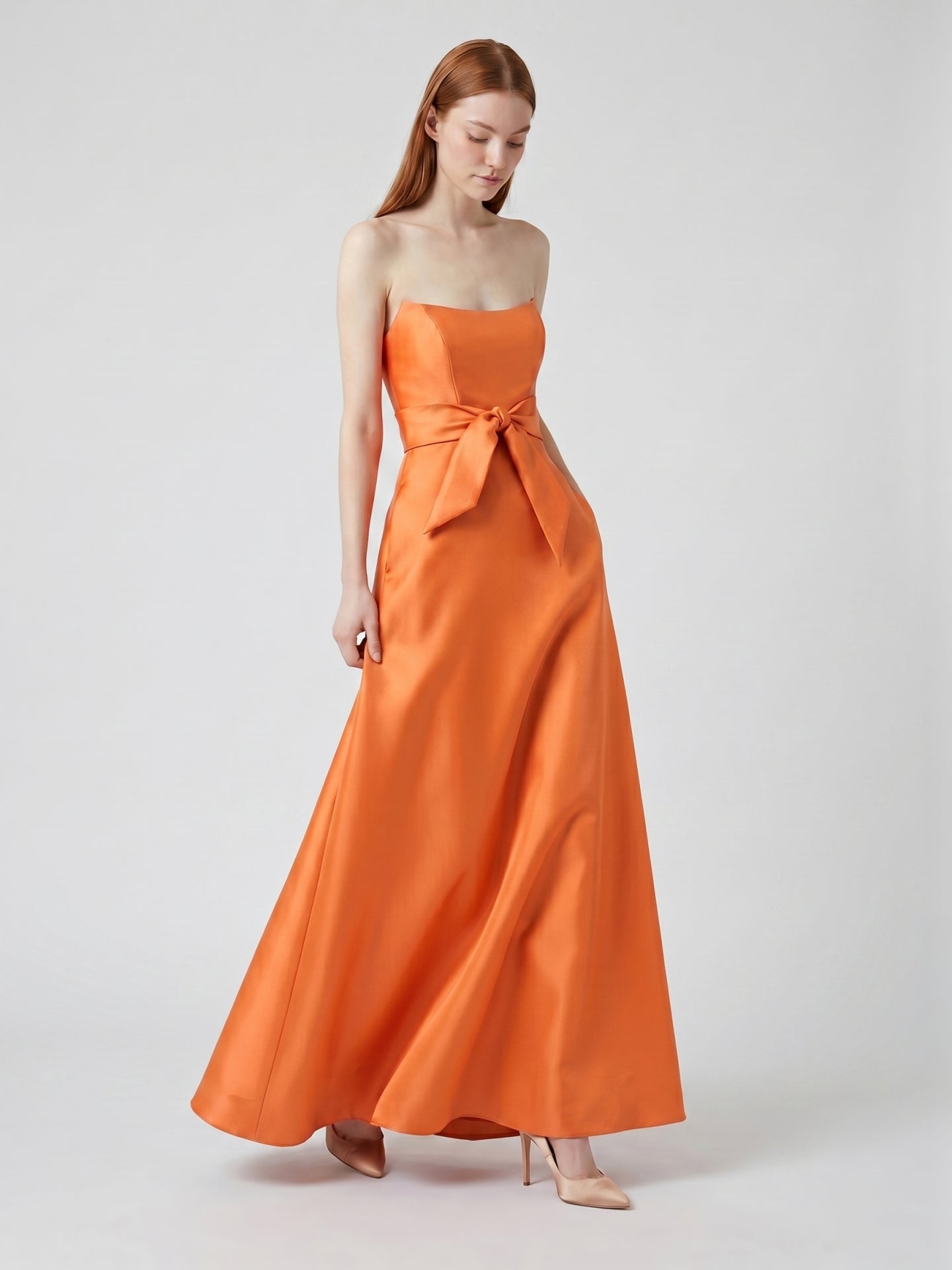 Tailored Orange Satin A-Line Straight Neck Backless Floor-Length Bridesmaid Dress with Bow - Curvevia