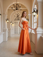 Tailored Orange Satin A-Line Straight Neck Backless Floor-Length Bridesmaid Dress with Bow - Curvevia