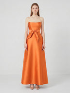 Tailored Orange Satin A-Line Straight Neck Backless Floor-Length Bridesmaid Dress with Bow - Curvevia