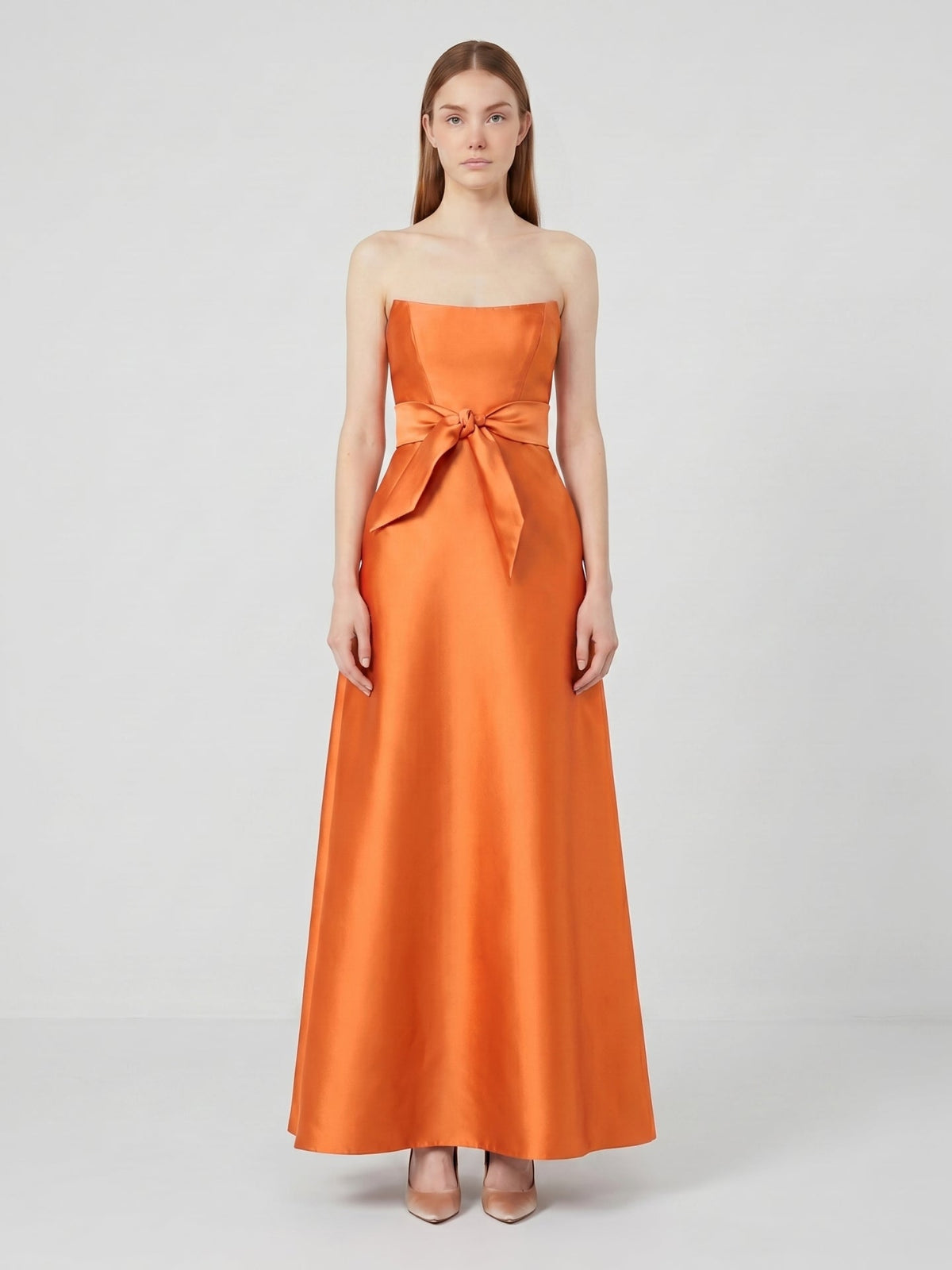 Tailored Orange Satin A-Line Straight Neck Backless Floor-Length Bridesmaid Dress with Bow - Curvevia