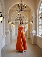 Tailored Orange Satin A-Line Straight Neck Backless Floor-Length Bridesmaid Dress with Bow - Curvevia
