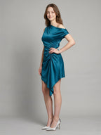 Teal Satin A-Line One Shoulder Side Zip Asymmetrical Pleated Bridesmaid Dress - Curvevia
