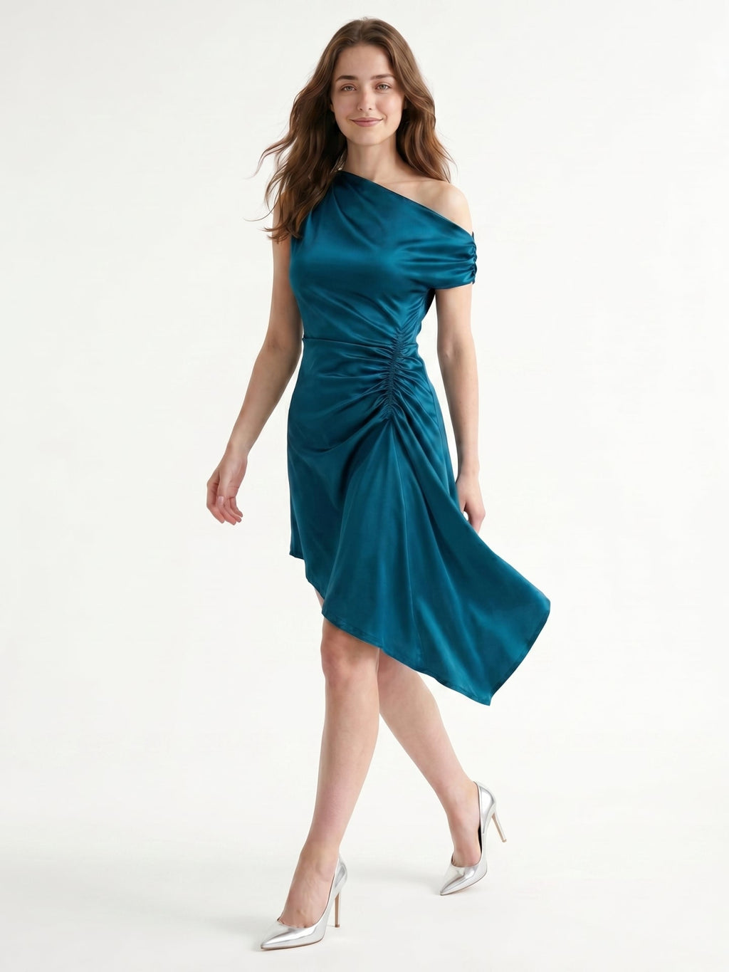 Teal Satin A-Line One Shoulder Side Zip Asymmetrical Pleated Bridesmaid Dress - Curvevia