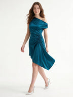 Teal Satin A-Line One Shoulder Side Zip Asymmetrical Pleated Bridesmaid Dress - Curvevia