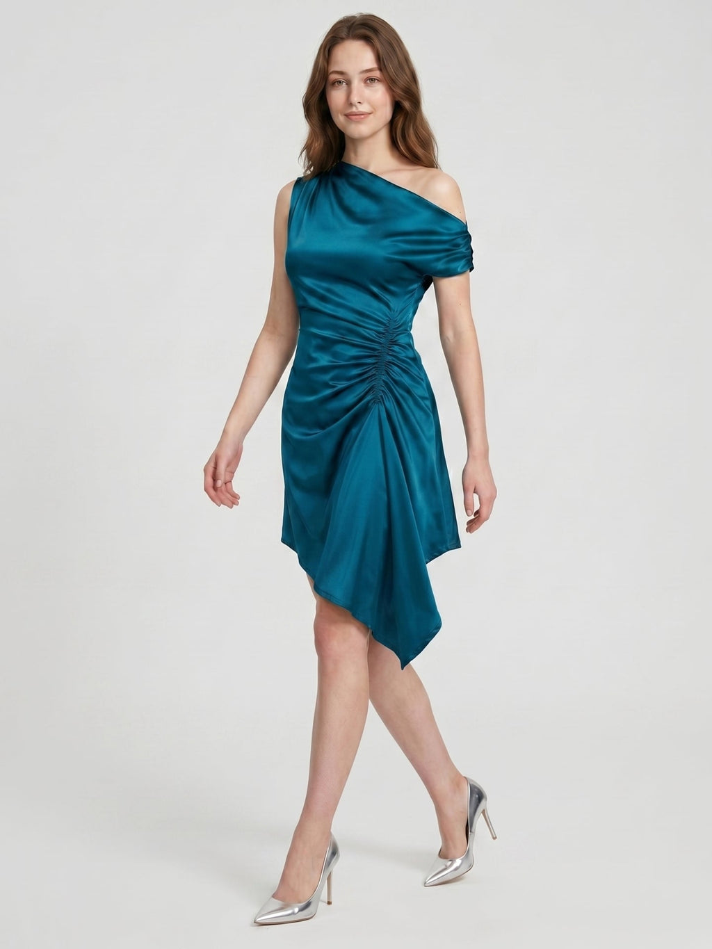 Teal Satin A-Line One Shoulder Side Zip Asymmetrical Pleated Bridesmaid Dress - Curvevia