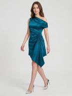 Teal Satin A-Line One Shoulder Side Zip Asymmetrical Pleated Bridesmaid Dress - Curvevia