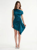 Teal Satin A-Line One Shoulder Side Zip Asymmetrical Pleated Bridesmaid Dress - Curvevia