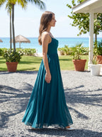 Teal Chiffon A-Line Cowl Neck Backless Floor-Length Pleated Bridesmaid Dress - Curvevia