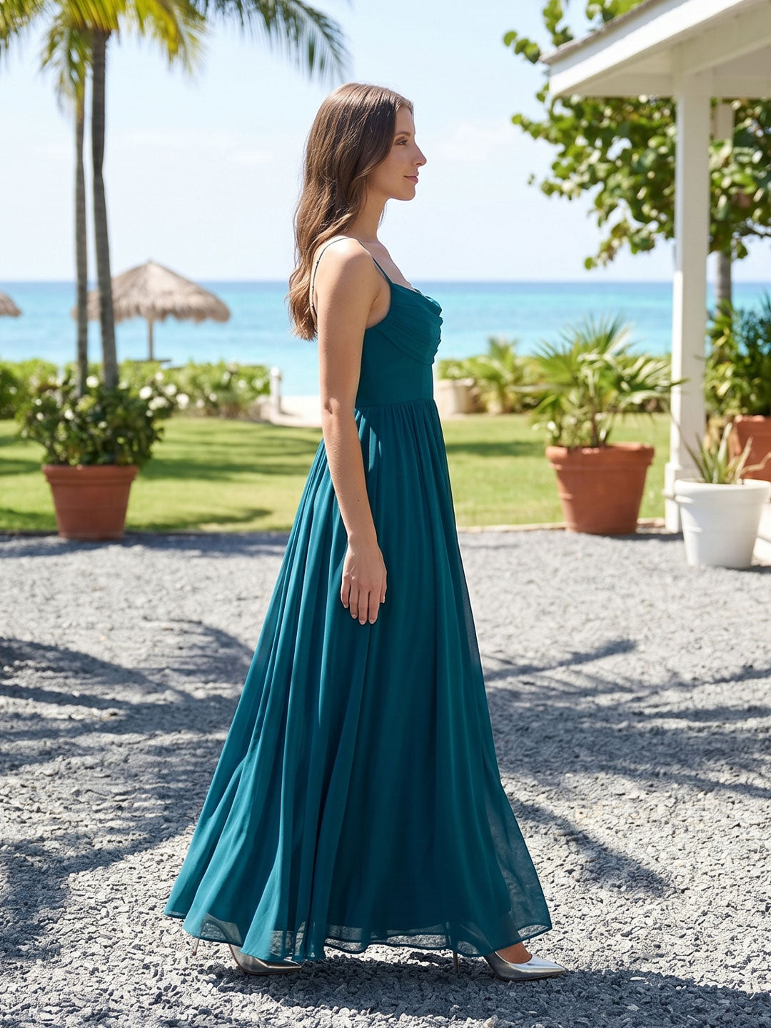 Teal Chiffon A-Line Cowl Neck Backless Floor-Length Pleated Bridesmaid Dress - Curvevia