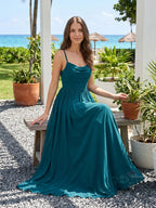 Teal Chiffon A-Line Cowl Neck Backless Floor-Length Pleated Bridesmaid Dress - Curvevia