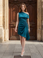 Teal Satin A-Line One Shoulder Side Zip Asymmetrical Pleated Bridesmaid Dress - Curvevia