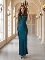 Teal Satin Column Halter Backless Floor-Length Bridesmaid Dress with Bow - Curvevia