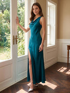Teal Satin Sheath Cowl Neck Backless Ankle-Length Bridesmaid Dress - Curvevia
