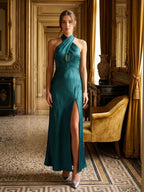 Teal Satin Sheath Halter Lace-Up Back Ankle-Length Bridesmaid Dress - Curvevia