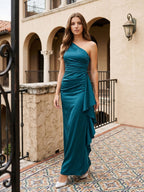 Teal Satin Sheath One Shoulder Side Zip Ankle-Length Ruffle Bridesmaid Dress - Curvevia