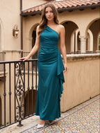 Teal Satin Sheath One Shoulder Side Zip Ankle-Length Ruffle Bridesmaid Dress - Curvevia