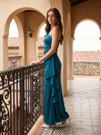 Teal Satin Sheath One Shoulder Side Zip Ankle-Length Ruffle Bridesmaid Dress - Curvevia