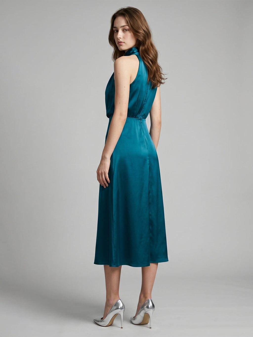Teal Satin Sheath Scoop Neck Back Zip Tea-Length Bridesmaid Dress - Curvevia