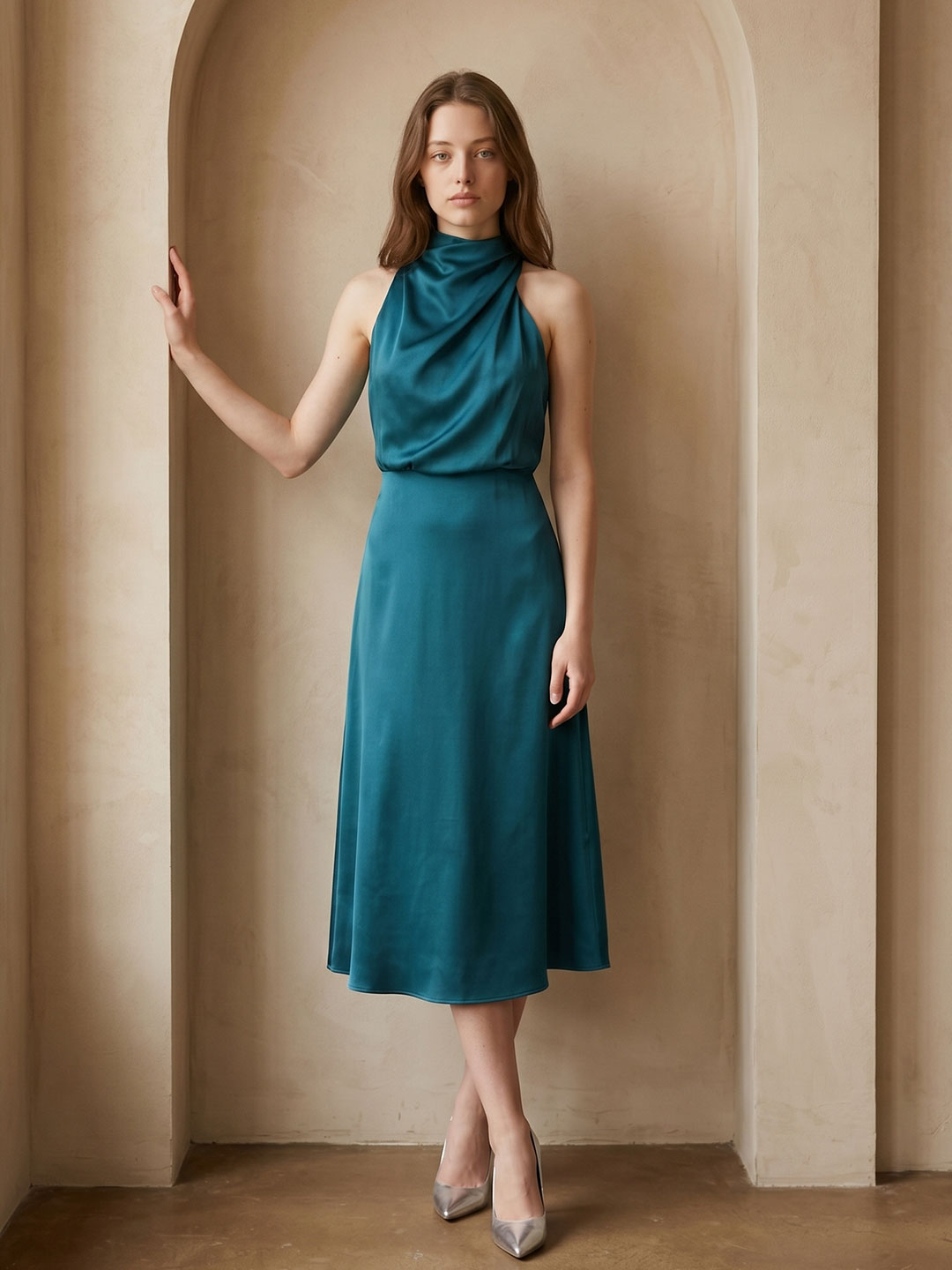 Teal Satin Sheath Scoop Neck Back Zip Tea-Length Bridesmaid Dress - Curvevia