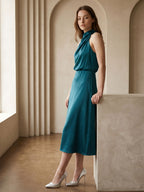 Teal Satin Sheath Scoop Neck Back Zip Tea-Length Bridesmaid Dress - Curvevia