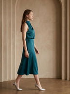 Teal Satin Sheath Scoop Neck Back Zip Tea-Length Bridesmaid Dress - Curvevia
