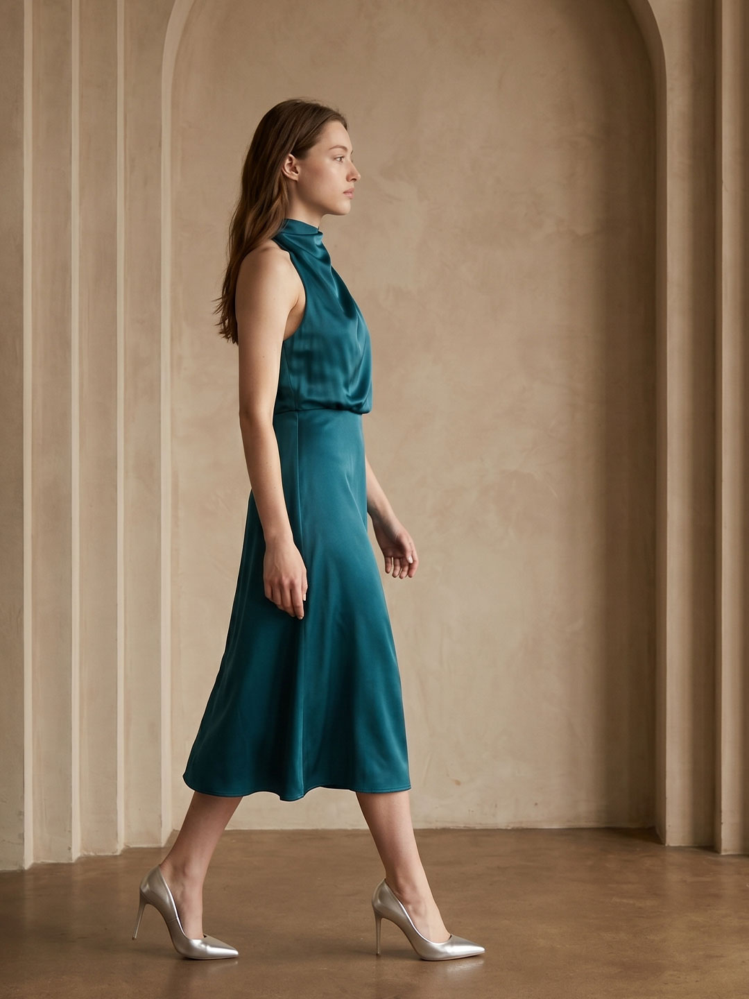 Teal Satin Sheath Scoop Neck Back Zip Tea-Length Bridesmaid Dress - Curvevia