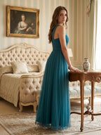 Teal Tulle A-Line One Shoulder Back Zip Floor-Length Pleated Bridesmaid Dress - Curvevia