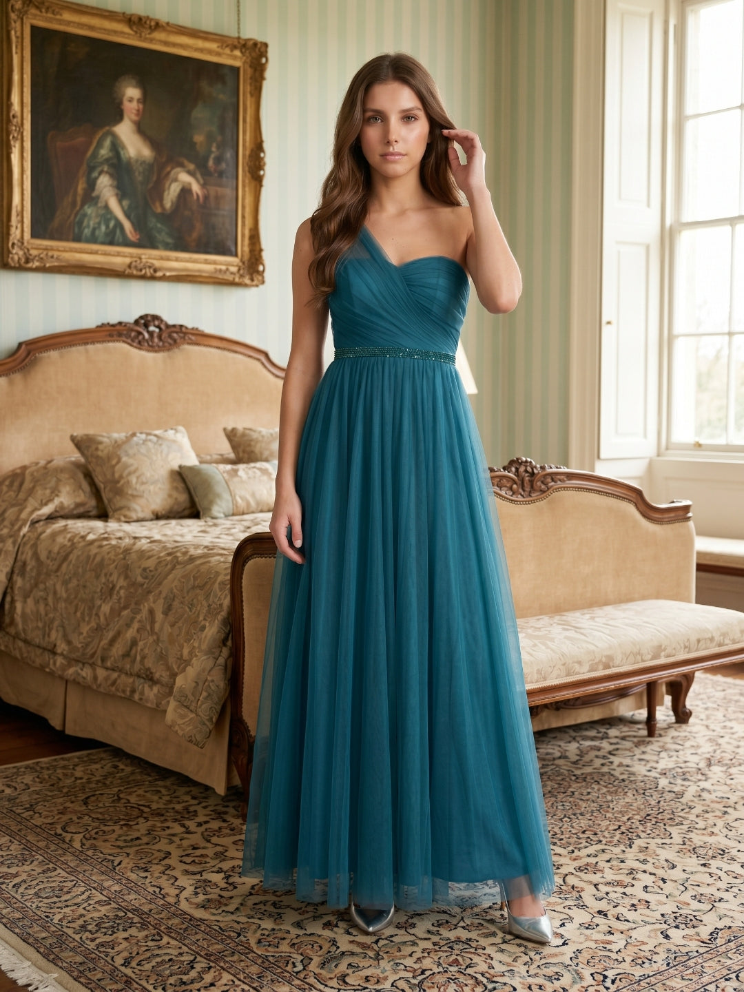 Teal Tulle A-Line One Shoulder Back Zip Floor-Length Pleated Bridesmaid Dress - Curvevia