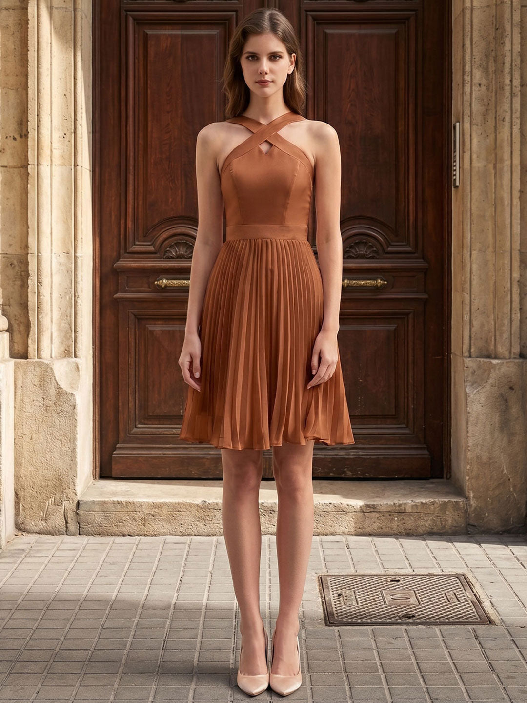 Terracotta Chiffon A-Line Halter Back Zip Knee-Length Pleated Bridesmaid Dress - Curvevia