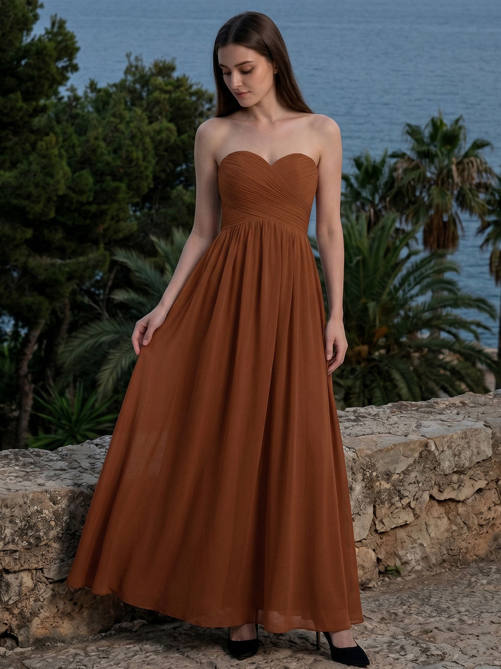 Terracotta Chiffon A-Line Off-the-Shoulder Back Zip Floor-Length Pleated Bridesmaid Dress - Curvevia
