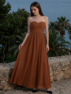 Terracotta Chiffon A-Line Off-the-Shoulder Back Zip Floor-Length Pleated Bridesmaid Dress - Curvevia