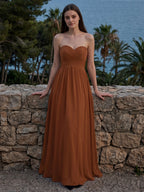 Terracotta Chiffon A-Line Off-the-Shoulder Back Zip Floor-Length Pleated Bridesmaid Dress - Curvevia