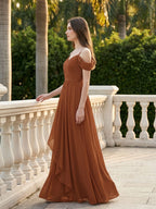 Terracotta Chiffon A-Line Off-the-Shoulder Backless Floor-Length Pleated Bridesmaid Dress - Curvevia