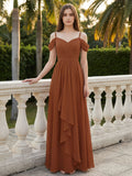 Terracotta Chiffon A-Line Off-the-Shoulder Backless Floor-Length Pleated Bridesmaid Dress - Curvevia