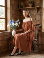 Terracotta Chiffon A-Line Off-the-Shoulder Backless Tea-Length Ruffle Bridesmaid Dress - Curvevia
