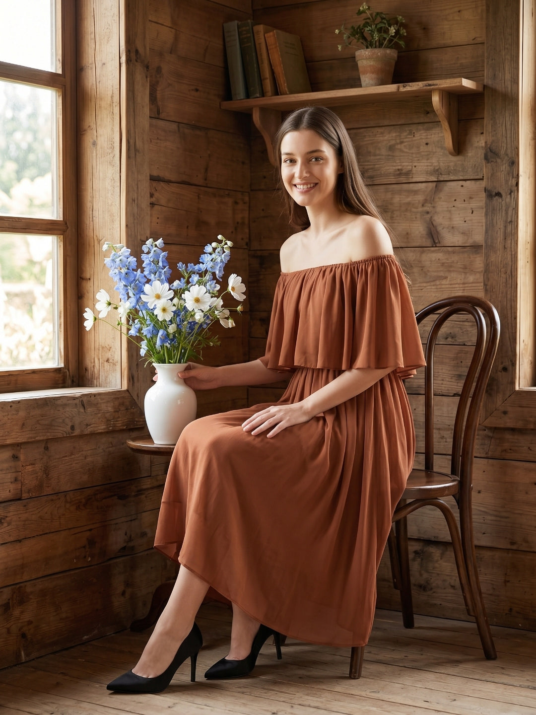 Terracotta Chiffon A-Line Off-the-Shoulder Backless Tea-Length Ruffle Bridesmaid Dress - Curvevia