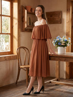 Terracotta Chiffon A-Line Off-the-Shoulder Backless Tea-Length Ruffle Bridesmaid Dress - Curvevia